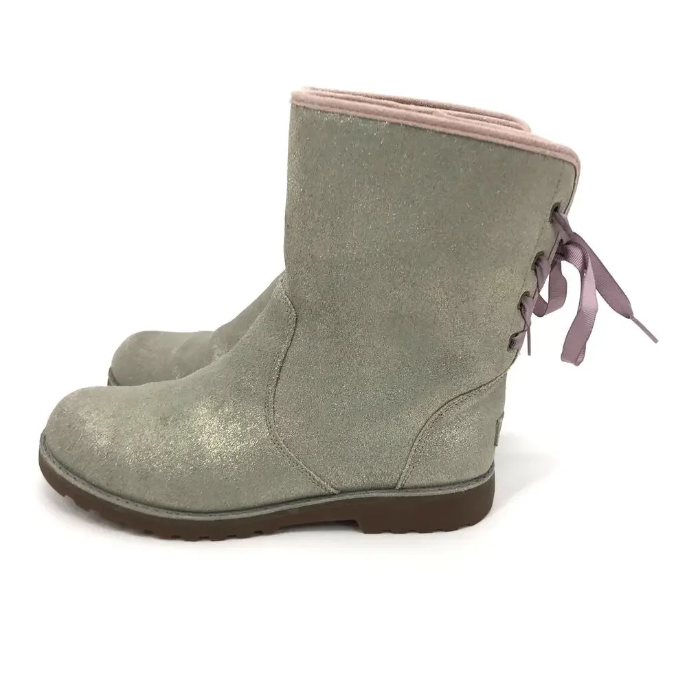 UGG Girls Corene Silver Metallic Suede Pink Lace Up Boots Size 6